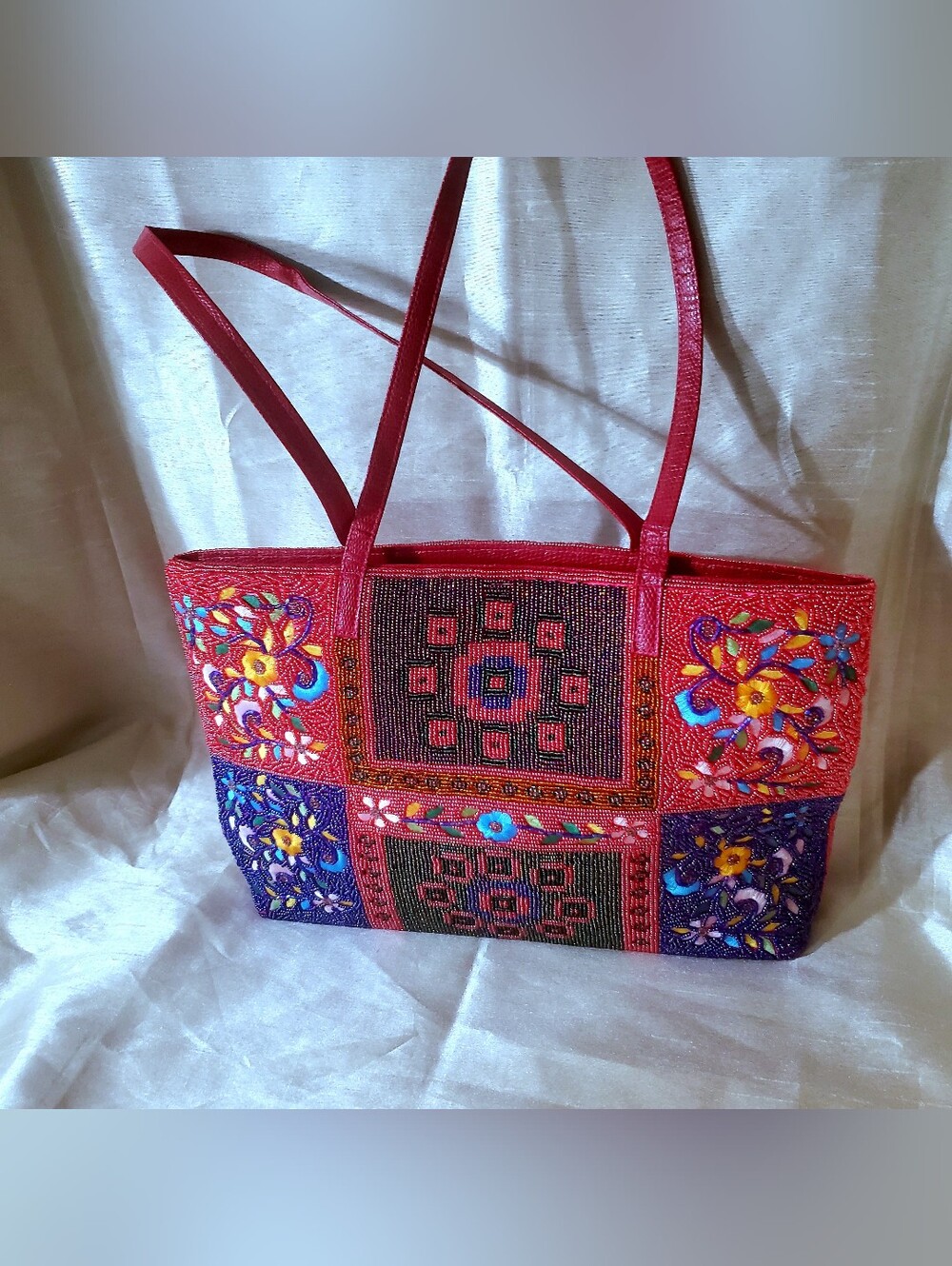 Rare Beaded Embroidered Red Patchwork Tote Bag - Stylish Women's Shoulder Bag - Picture 9 of 10